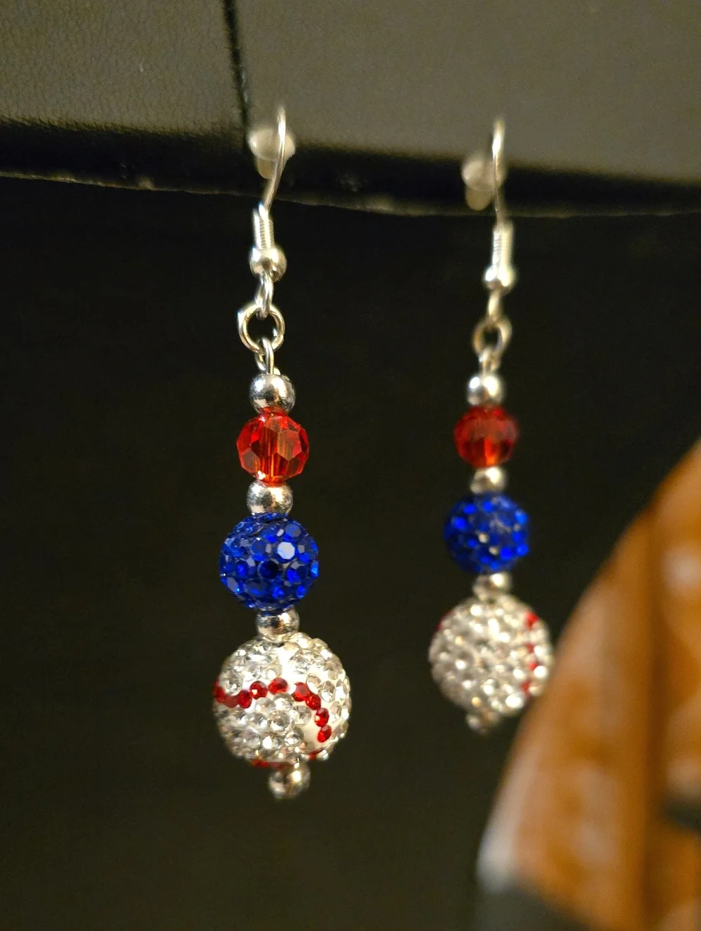 Patriotic Crystal Baseball Dangle Earrings - Red, Blue & Silver